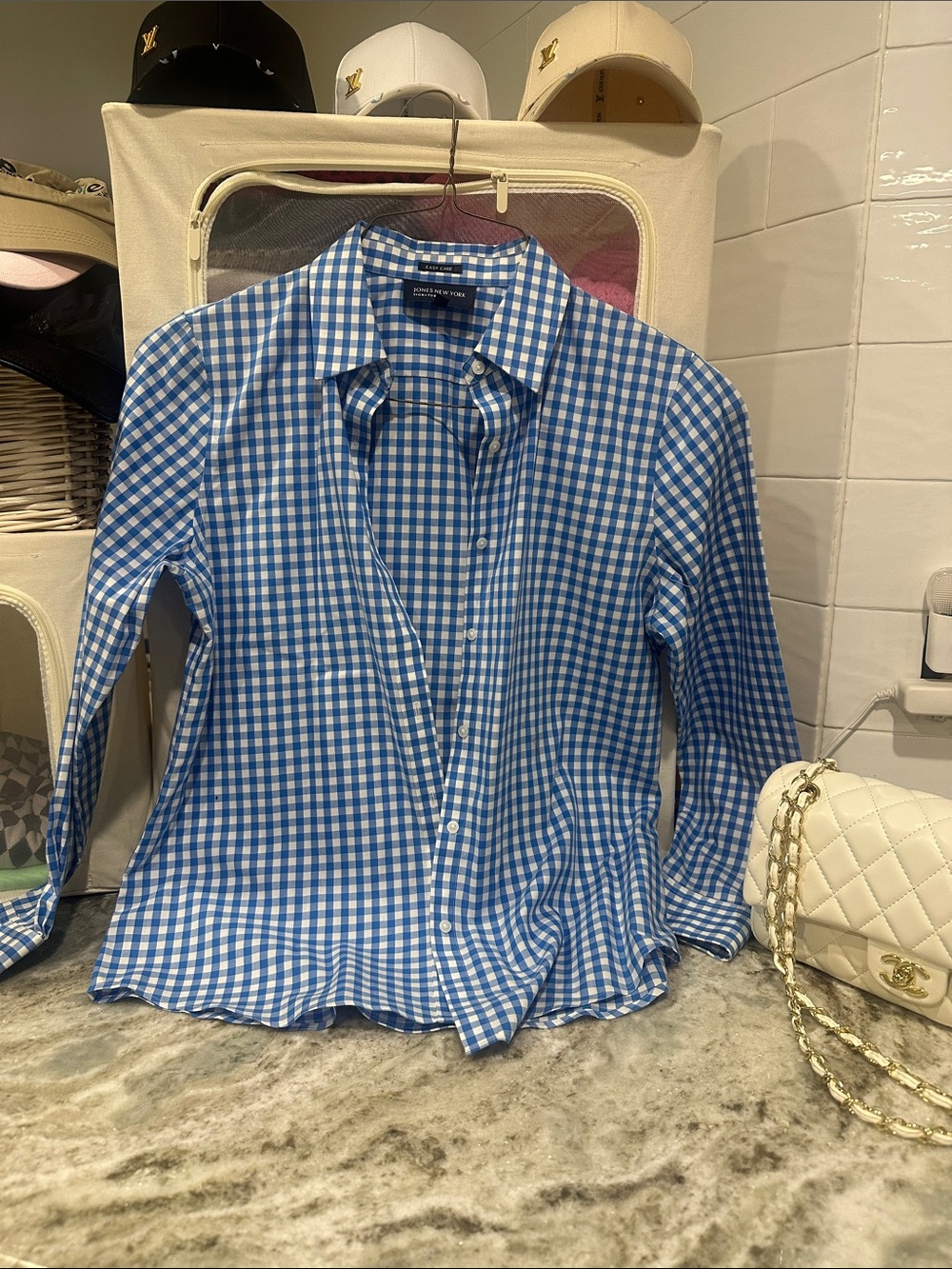 Jones New York women’s  Blue and White Gingham Button-Down Shirt
